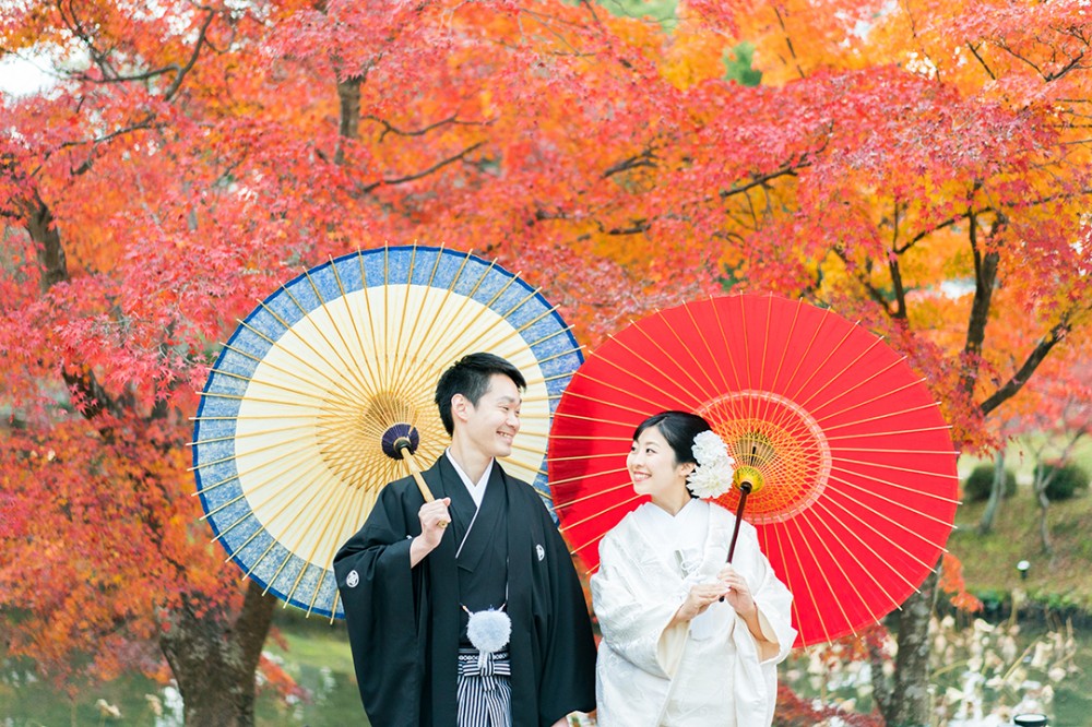京都大覚寺の紅葉と新郎新婦様