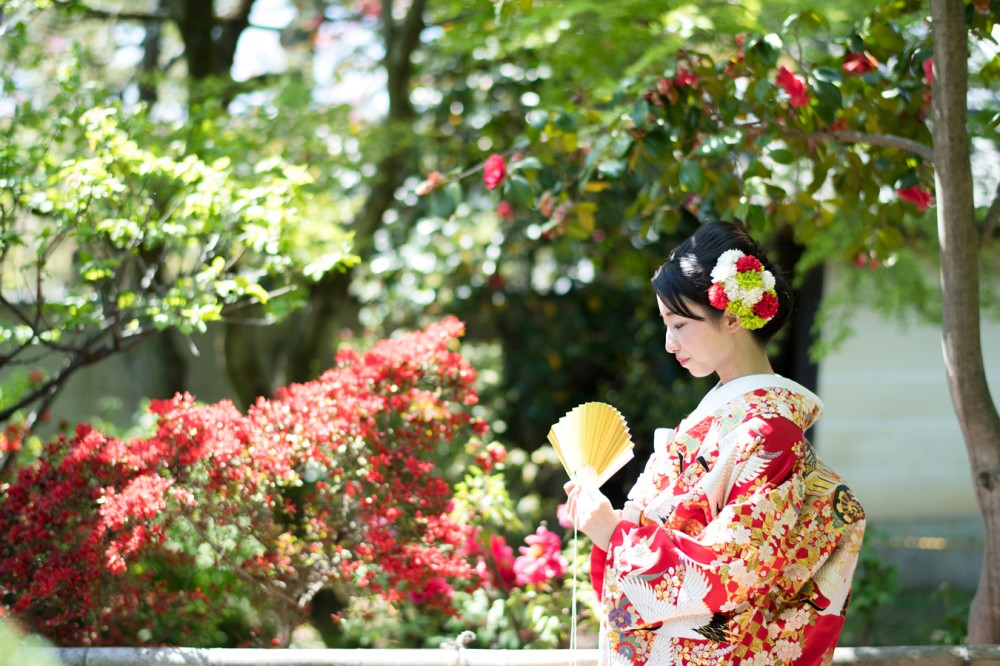 ツツジと扇子を持つ花嫁