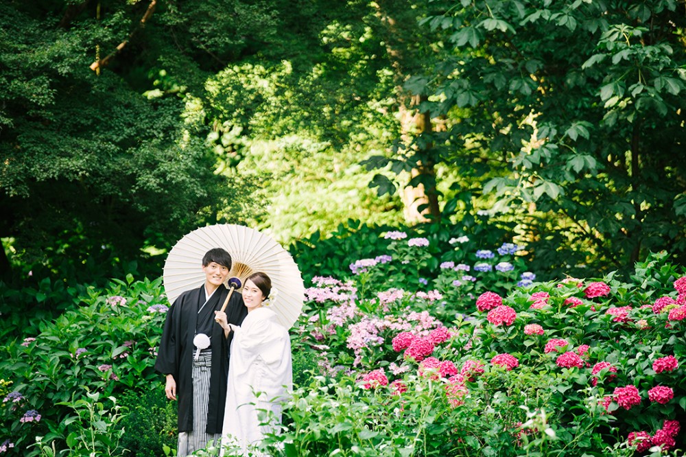 紫陽花と新郎新婦
